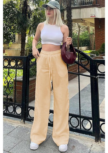 Bej Beli Büzgülü Bol Paça Kadın Pantolon MG2011 fiyatları