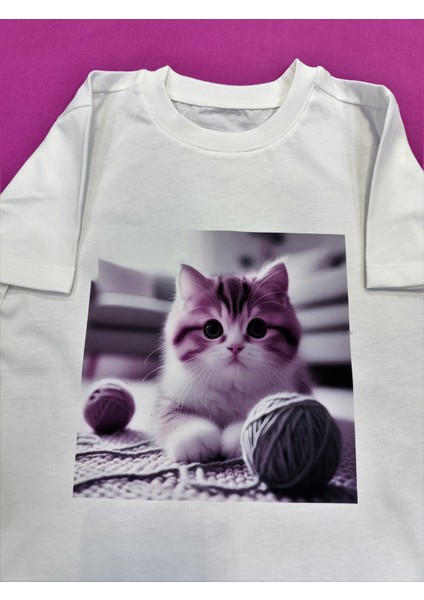 Sevimli Kedi Baskılı Kız Çocuk Tişört modelleri