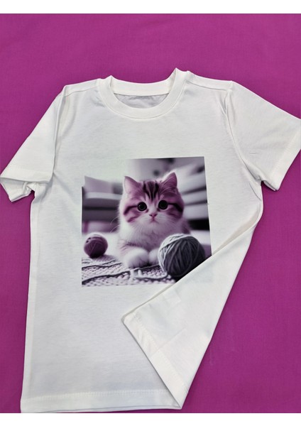 Sevimli Kedi Baskılı Kız Çocuk Tişört fırsatları