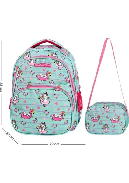 Oval Ilkokul Çantası Ve Beslenme Çantası Birlikte Unicorn Desenli