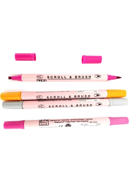Zig Scroll & Brush Çift Çizgi ve Fırça Uçlu Kaligrafi Kalemi, Davetiye Kalemi-4 Adet