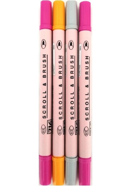 Zig Scroll & Brush Çift Çizgi ve Fırça Uçlu Kaligrafi Kalemi, Davetiye Kalemi-4 Adet