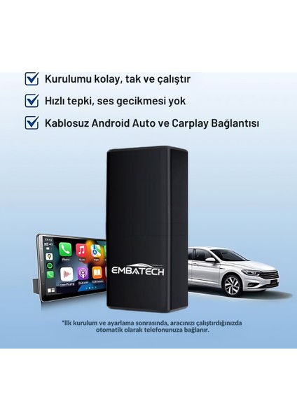 Araç Içi 2in1 Android ve Apple Cihazlar Için Kablosuz Android Auto ve Carplay Adaptörü (EMT-006)