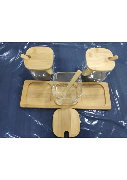Bambu Kapaklı Kaşıklı 3lü Cam Baharatlık