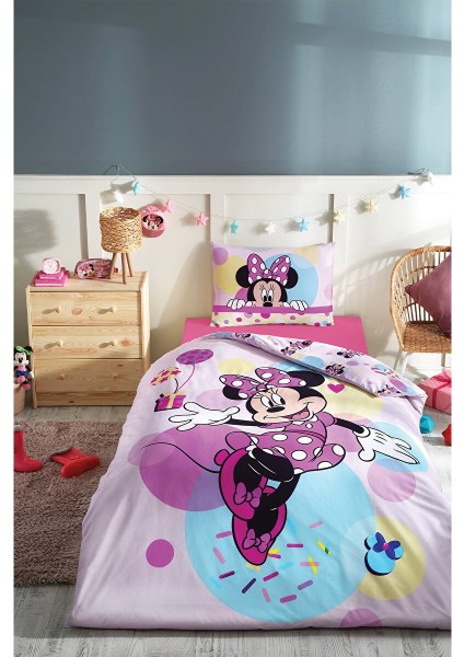 Minnie Mouse Happy Tek Kişilik Lisanslı Lastikli Çarşaf Çocuk Nevresim Takımı 0475
