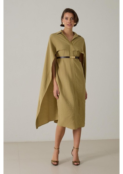 Hardal Pelerin ve Kemer Detaylı Gömlek Yaka Elbise