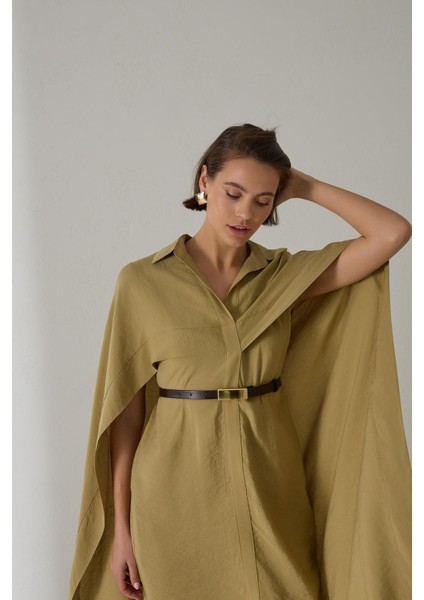 Hardal Pelerin ve Kemer Detaylı Gömlek Yaka Elbise fiyatları