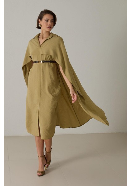 Hardal Pelerin ve Kemer Detaylı Gömlek Yaka Elbise modelleri