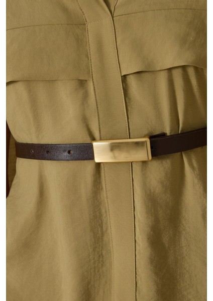 Hardal Pelerin ve Kemer Detaylı Gömlek Yaka Elbise fırsatları