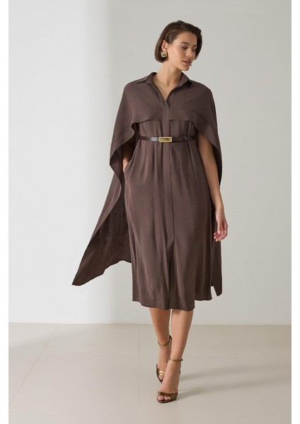 Acı-Kahve Pelerin ve Kemer Detaylı Gömlek Yaka Elbise fiyatları