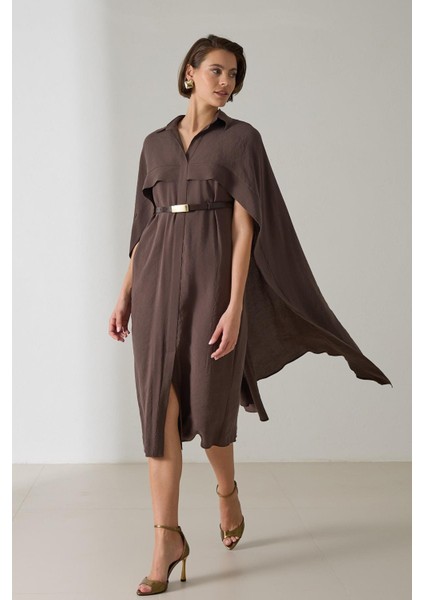 Acı-Kahve Pelerin ve Kemer Detaylı Gömlek Yaka Elbise modelleri