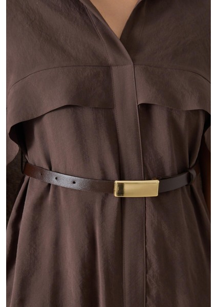 Acı-Kahve Pelerin ve Kemer Detaylı Gömlek Yaka Elbise fırsatları