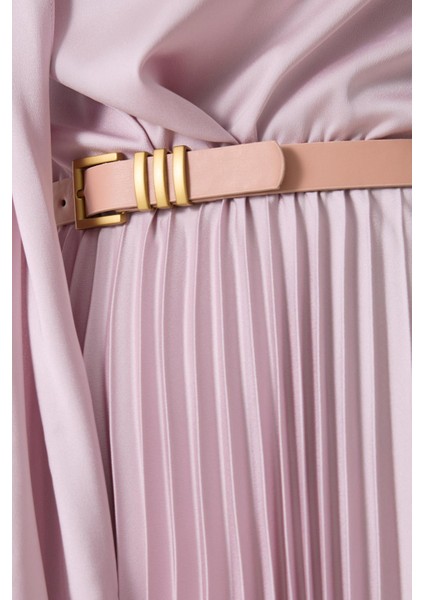 Koyu Pudra Kemer Detaylı Pileli Uzun Kollu Midi Boy Elbise fırsatları