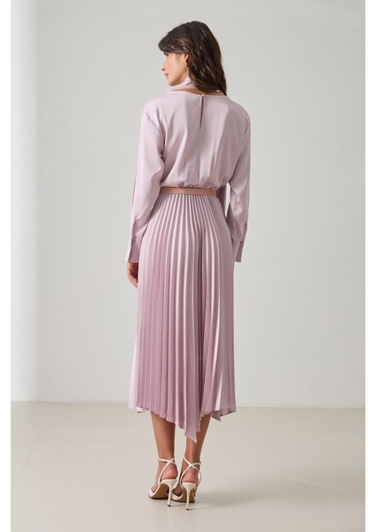 Koyu Pudra Kemer Detaylı Pileli Uzun Kollu Midi Boy Elbise indirimleri