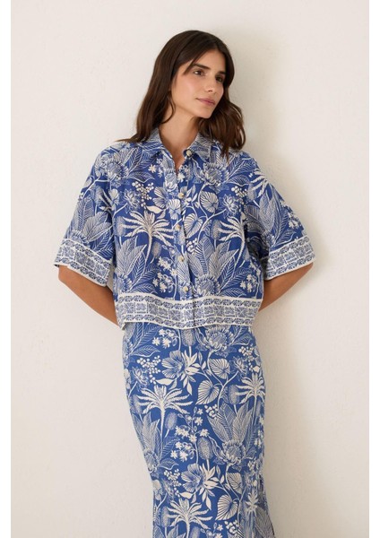 Mavi Kısa Kollu Desenli Keten Gömlek