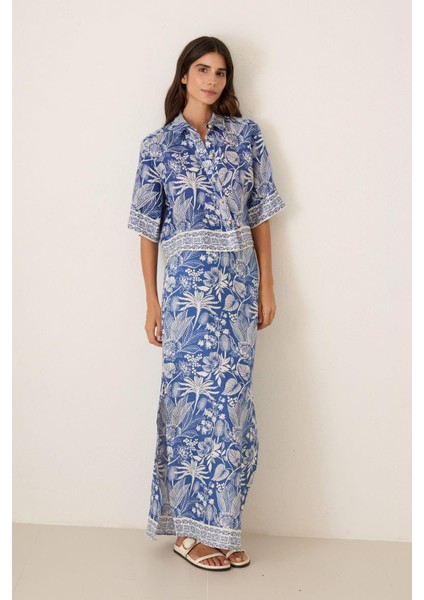 Mavi Kısa Kollu Desenli Keten Gömlek fiyatları