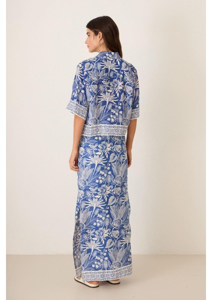 Mavi Kısa Kollu Desenli Keten Gömlek modelleri