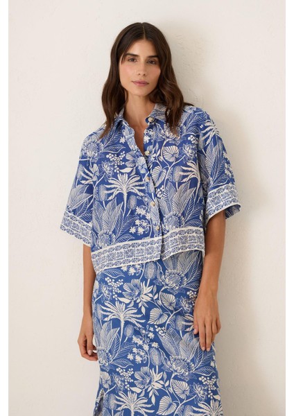 Mavi Kısa Kollu Desenli Keten Gömlek indirimleri