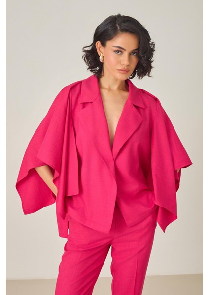 Fuşya Cep ve Kol Detaylı Asimetrik Yaka Ceket