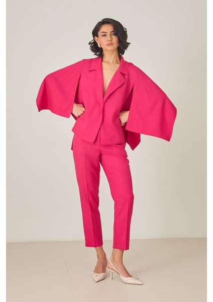 Fuşya Cep ve Kol Detaylı Asimetrik Yaka Ceket fiyatları