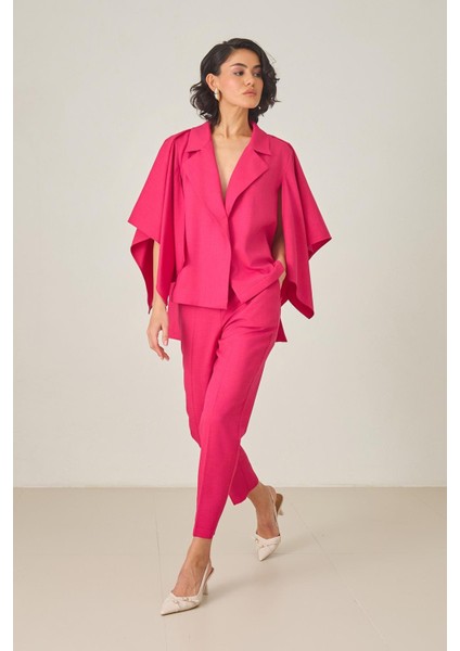 Fuşya Cep ve Kol Detaylı Asimetrik Yaka Ceket modelleri