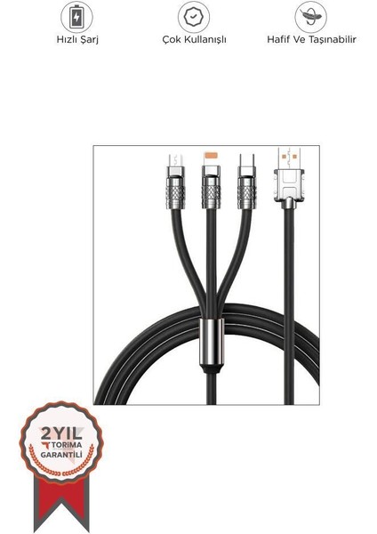 U160 Siyah 3 In 1 USB To Type-C , Lightning , Micro Uçlu Şarj Data Kablosu