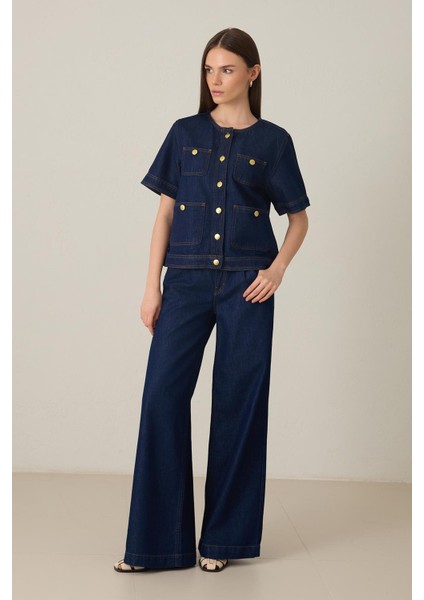 Lacivert Düğme ve Cep Detaylı Kısa Kollu Yakasız Kot Ceket