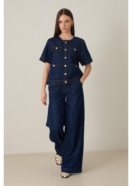 Lacivert Düğme ve Cep Detaylı Kısa Kollu Yakasız Kot Ceket fiyatları