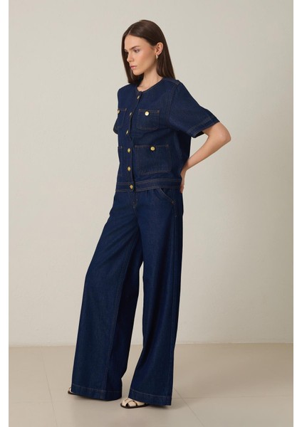 Lacivert Düğme ve Cep Detaylı Kısa Kollu Yakasız Kot Ceket modelleri