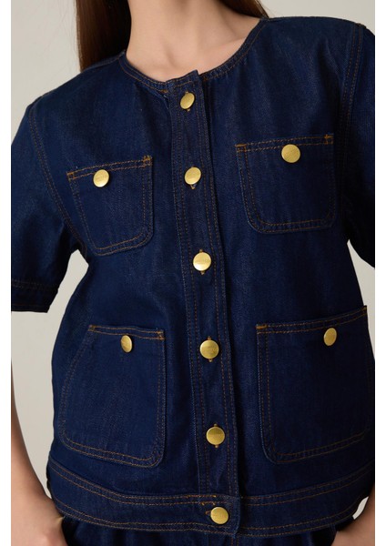 Lacivert Düğme ve Cep Detaylı Kısa Kollu Yakasız Kot Ceket fırsatları