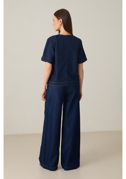 Lacivert Düğme ve Cep Detaylı Kısa Kollu Yakasız Kot Ceket indirimleri