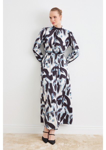 Desenli Saten Elbise - Siyah fiyatları