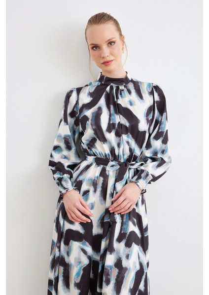 Desenli Saten Elbise - Siyah modelleri