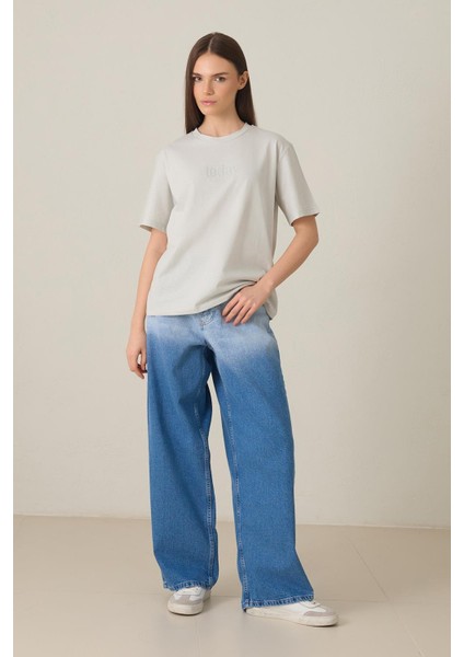 Açık Taş %100 Pamuklu Bisiklet Yaka Basic T-Shirt