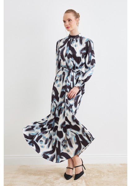 Desenli Saten Elbise - Siyah fırsatları