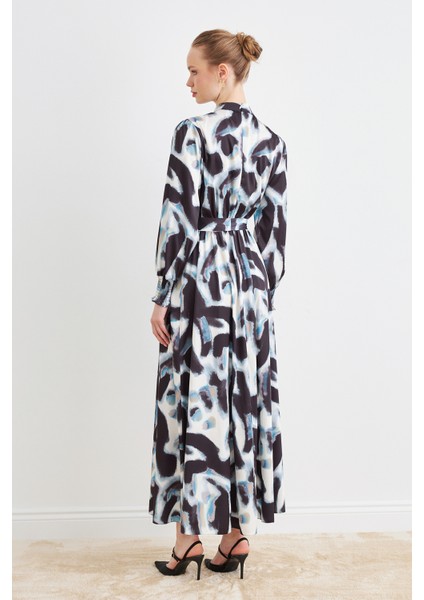 Desenli Saten Elbise - Siyah indirimleri