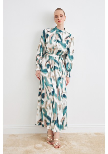 Desenli Saten Elbise - Mint
