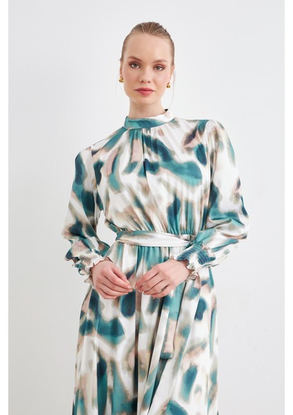 Desenli Saten Elbise - Mint fırsatları