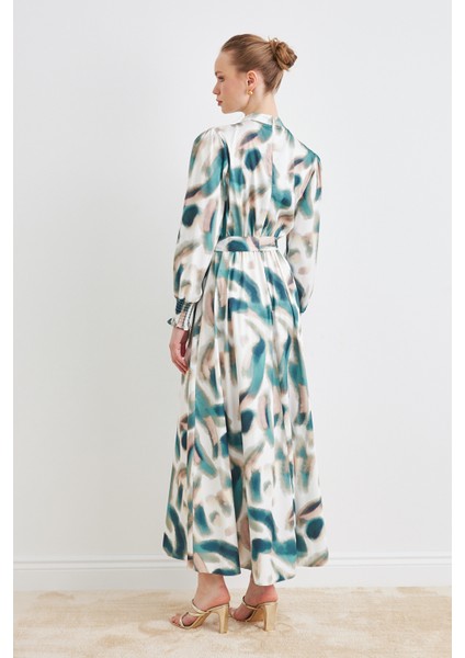 Desenli Saten Elbise - Mint indirimleri