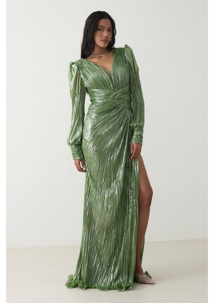 Yeşil V Yaka Bel Detaylı Uzun Kollu Tam Kalıp Uzun Abiye Elbise fiyatları