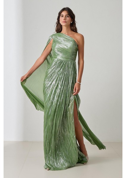 Yeşil Tek Omuz Drape Detaylı Tam Kalıp Uzun Abiye Elbise fiyatları