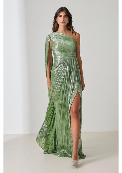 Yeşil Tek Omuz Drape Detaylı Tam Kalıp Uzun Abiye Elbise modelleri