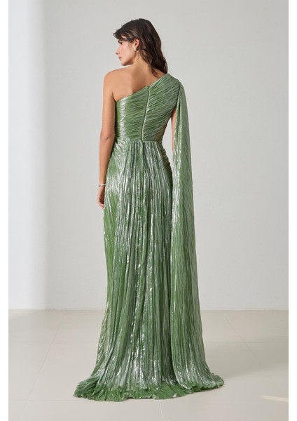 Yeşil Tek Omuz Drape Detaylı Tam Kalıp Uzun Abiye Elbise indirimleri