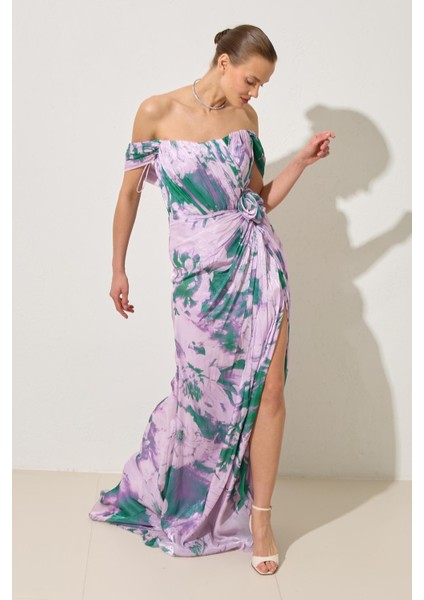 Lila Düşük Omuz ve Belden Gül Detaylı Desenli Uzun Abiye Elbise fiyatları