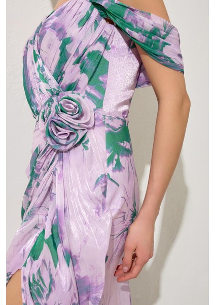 Lila Düşük Omuz ve Belden Gül Detaylı Desenli Uzun Abiye Elbise indirimleri