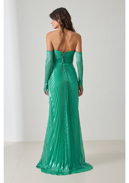 Yeşil Straplez Belden Toka ve Drape Detaylı Uzun Abiye Elbise indirimleri