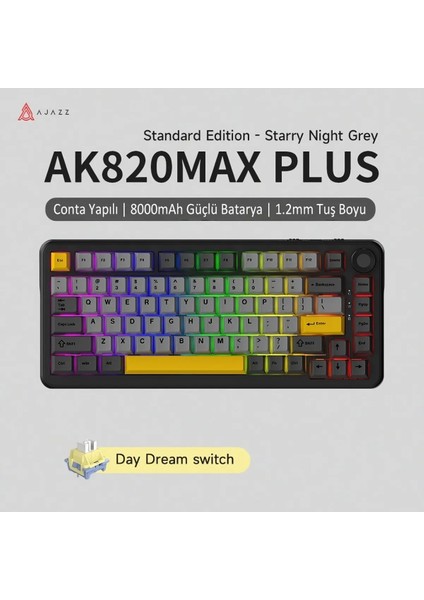 AK820 Max Plus Daydream Switch 3 Modlu Mekanik Oyun Klavyesi-8000 Mah Batarya RGB-Hot Swap (AK820 Max Plus - Siyah Sarı - DayDream)