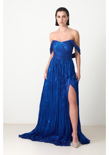 Saks Omuz Detaylı Belden Oturtmalı Yırtmaçlı Dükümlü Abiye Elbise modelleri