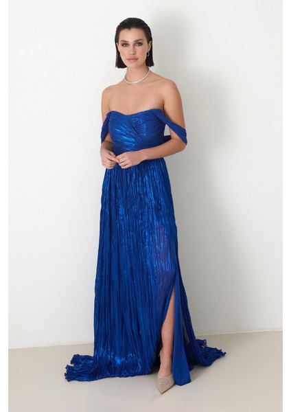 Saks Omuz Detaylı Belden Oturtmalı Yırtmaçlı Dükümlü Abiye Elbise fırsatları