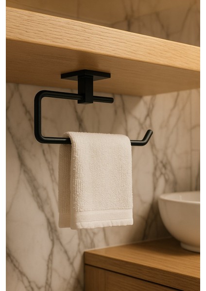 Yapışkanlı Siyah 4’lü Banyo & Mutfak Havluluk Seti – Wc Kağıtlık, Rulo, Çember & Uzun Havlu Askısı